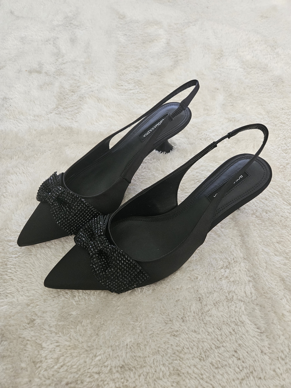 NWT BCBGMaxAzria Size 7.5 Black Crystal Bow Kitten Heel Pumps Preppy Coquette - Picture 7 of 12
